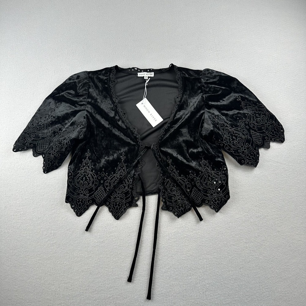 Anthropologie Moon River Women's Black Eyelet Detail Velvet Top Size Medium NWT